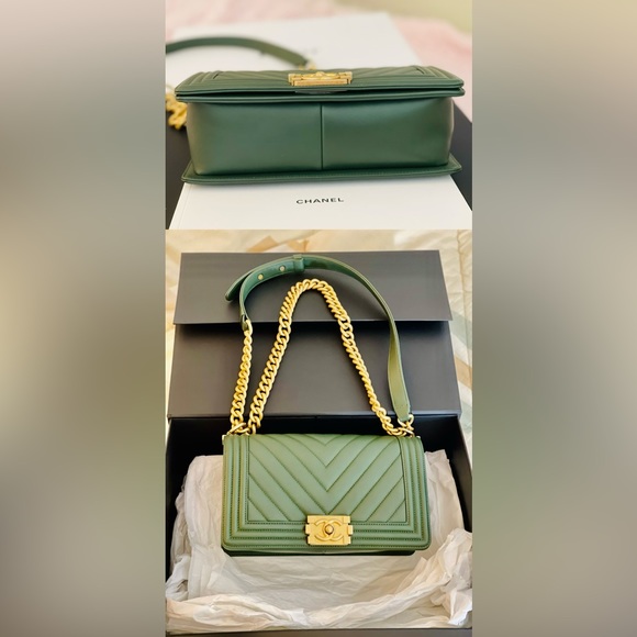 ❤️Used Chanel Boy 10 Chevron lamp skin, color green with gold hardware - Picture 4 of 16